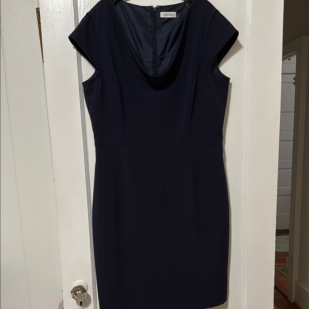 Calvin Klein Black Sheath Dress with Cowl Neck and Flutter Cap Sleeves